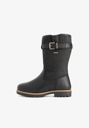 Zwart leren laars tot halverwege de kuit met een gestructureerde bovenkant, verstelbare zijgesp, gestikte zool en rubberen loopzool met profiel.