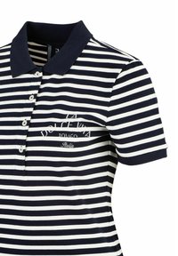 Marineblau und weiße gestreifte Poloshirt mit Kragen, Dreiknopf-Leiste und gesticktem Logo auf der Brust. Weicher Baumwollstoff.
