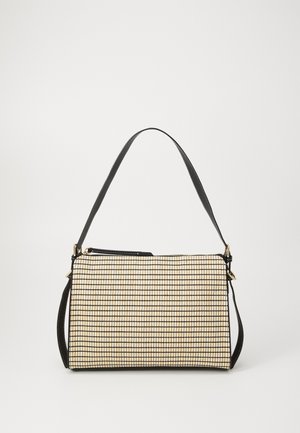 Bag featuring a rectangular shape with a textured gold and black pattern. It has a black strap and gold hardware accents.
