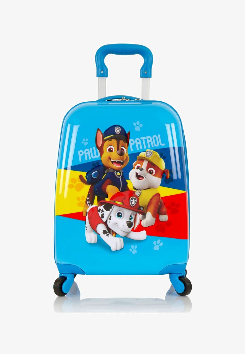 Valise pour enfants, coque rigide bleue avec des personnages de "Paw Patrol." Équipée de roues en plastique, d'une poignée rétractable et de graphiques colorés.