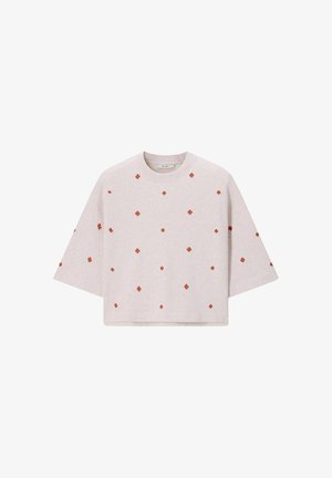 Sissy-Boy, SISSY-BOY KURZARM-SWEATER MIT BLUMENSTICKEREI - BEIGE - T-shirt imprimé - beige