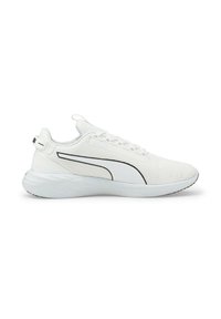 Scarpa sportiva bianca con tomaia in rete, finitura texturizzata, accenti neri e suola bianca ammortizzata. Logo sul lato e linguetta sul tallone.