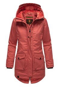 Women's parka in coral pink, made of water-resistant fabric. Features a hood, zip closure, two front pockets, and a soft lining.