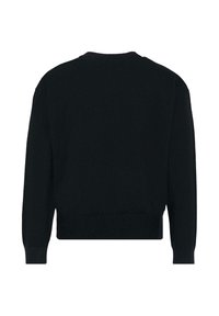 Czarny dzianinowy sweter z okrągłym dekoltem, długimi rękawami i prążkowanym wykończeniem. Miękka tekstura, luźny krój oraz minimalistyczny design bez widocznych wzorów.