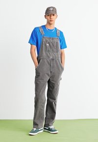Gray denim overalls with a front pocket, worn over a blue shirt. Paired with green and white sneakers and a matching cap. Simple design.