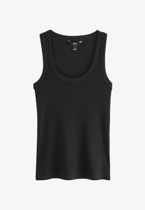 Mustvalge ribaga tank top ümmarguse kaelusega ja laia õlavarredega. Valmistatud pehmest puuvillast, millel on sile ja ühtlane tekstuur.