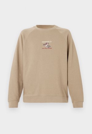 Sweatshirt bege com gola redonda, mangas raglã compridas e detalhe de logótipo bordado com um design e texto na frente. Textura suave.