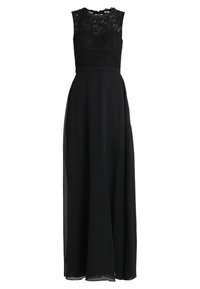 Svart aftonklänning med en spetsliv, ärmlös design och flödande chiffongkjol. Har en subtil sidodings och en figurnära midja.