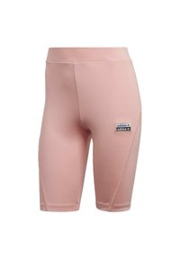 Ljust rosa träningsshorts i stretchigt material, med en figurnära design, bred midja och en liten svartvit Adidas-logotyp.