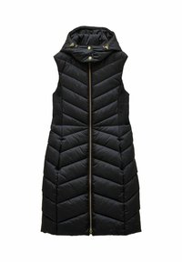 Melna bezpiedurkņu quilted garā veste ar priekšējo rāvējslēdzēju, augstu apkakli, snap pogām un elastīgām sānu paneļiem fit pielāgošanai.