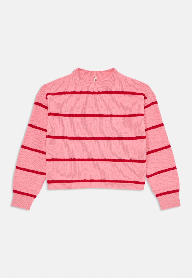 Roza pletena jopica z dolgimi rokavi, okroglo izrezom in vodoravnimi temno rožnatimi črtnami po telesu in rokavih.