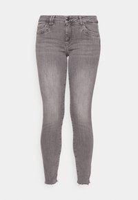 Slim-fit grijze denim jeans met voorkezen, knoopsluiting en rafel-details aan de onderkant.