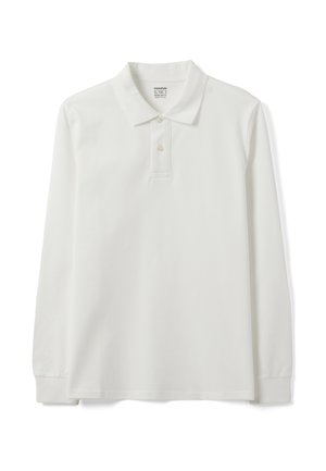 Langärmliges weißes Poloshirt mit zwei Knöpfen und Kragen, flach auf weißem Hintergrund dargestellt.