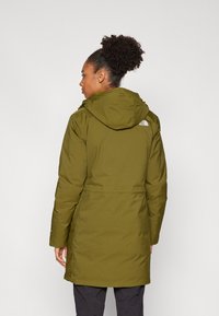 Olivově zelená zateplená bunda s kapucí, staženým pasem a logem The North Face na zadní straně. Má hladkou tkaninu a dlouhé rukávy.