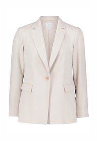 Beige blazer with a textured finish, single button closure, notched lapels, and two front pockets. Tailored fit and structured design.