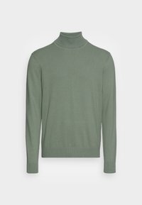 Maglione verde a collo alto realizzato in tessuto morbido. Presenta maniche lunghe, polsini e orlo ribattuti, e una scollatura aderente. Texture liscia, design minimale.