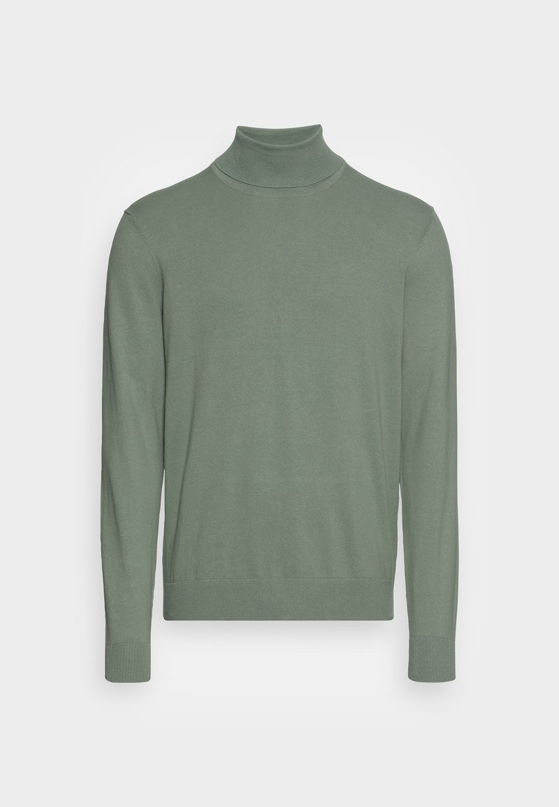 Maglione verde a collo alto realizzato in tessuto morbido. Presenta maniche lunghe, polsini e orlo ribattuti, e una scollatura aderente. Texture liscia, design minimale.