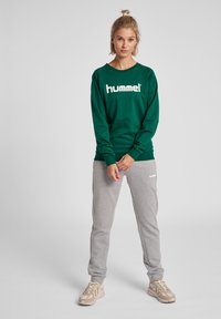 Felpa verde a maniche lunghe con logo bianco, abbinata a pantaloni della tuta grigi. Le scarpe sono beige, con una superficie texture. Abbigliamento sportivo casual.