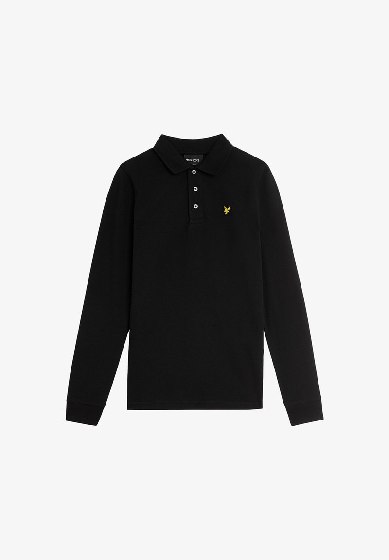 Schwarzes langärmliges Poloshirt mit Kragen, ausgestattet mit drei Knöpfen und einem kleinen gelben Logo auf der linken Brust. Aus weichem Baumwollstoff gefertigt.