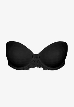 Czarny biustonosz bez ramiączek o wzorze w kratkę i koronkowym wykończeniu u podstawy, z małą kokardką na środku przodu.