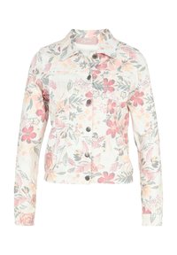 Giacca con motivo floreale caratterizzata da tonalità di rosa pastello, bianco e verde. Realizzata in tessuto leggero con chiusura a bottoni e tasche sul petto.