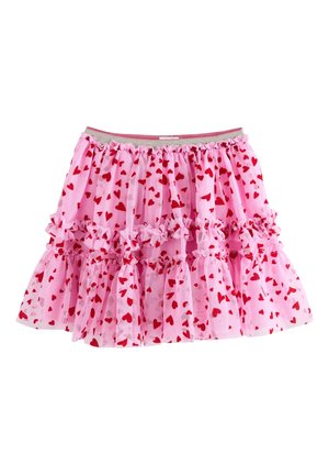 Jupe en tulle rose à plusieurs couches avec motif de cœur rouge et taille élastique, avec des détails à volants sur le tissu.