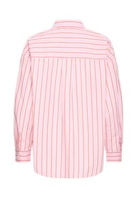 Chemise à carreaux semi-ajourée de coloris rose pâle avec de fines rayures blanches et vertes, dotée d'un empiècement à l'arrière et de poignets à un bouton.