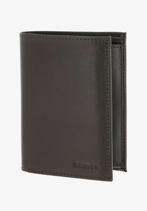 Portefeuille bifold en cuir marron foncé avec coutures visibles et nom de marque embossé dans le coin inférieur droit.