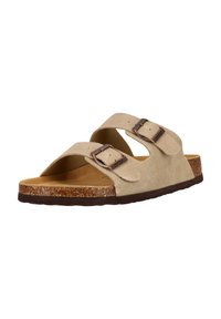 Beiga mockaskinns-slip-in sandaler med två justerbara remmar, brun korksula och en strukturerad fotbädd för stöd och komfort.