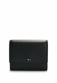 Black leather wallet with a textured finish, featuring a front flap, logo accent, and subtle color detailing near the bottom.