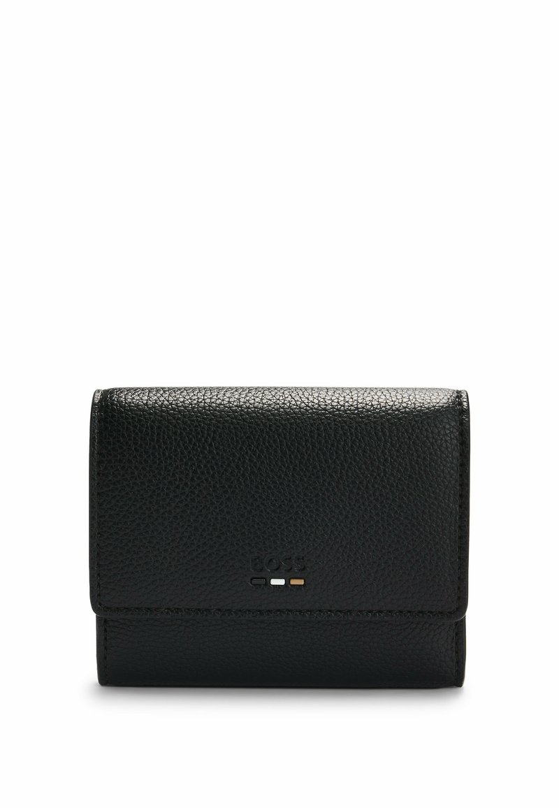 Black leather wallet with a textured finish, featuring a front flap, logo accent, and subtle color detailing near the bottom.