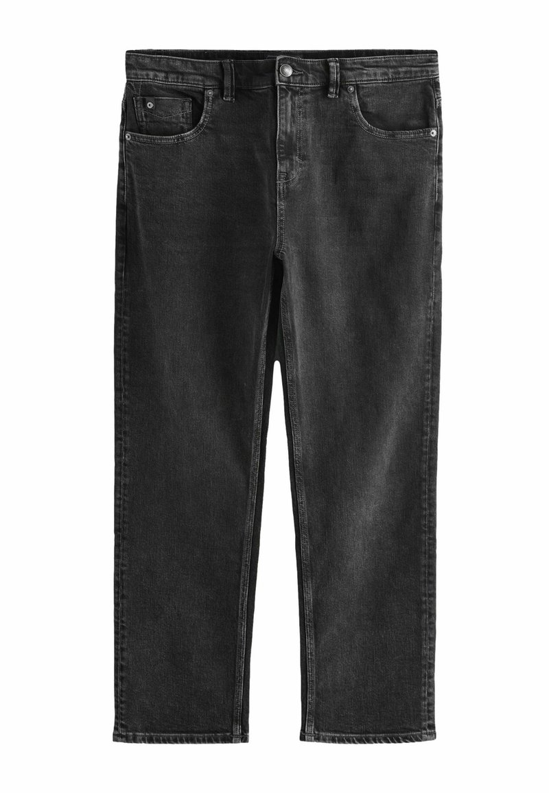 Black denim jeans with a straight fit, featuring five pockets, a metal button, and belt loops. Minimal fading and clean finish.