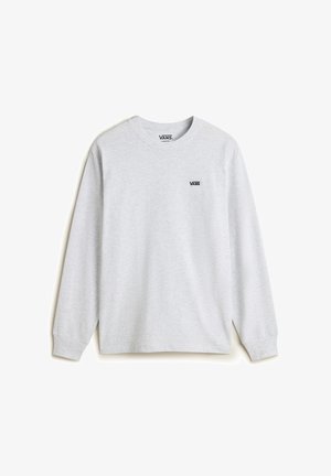 Jasnoszara koszulka Vans z długim rękawem, okrągłym dekoltem i małym czarnym logo Vans na górnej lewej części klatki piersiowej, pokazana na płaskim, białym tle.
