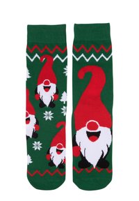 Calze verdi con gnomi rossi, dotati di barbe bianche e scarpe nere, decorate con fiocchi di neve e motivi a zigzag in rosso e bianco.