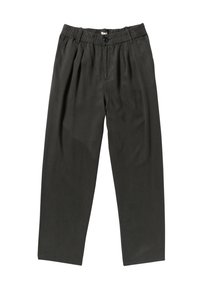 Graue, locker sitzende Hosen aus weichem Stoff, mit einem elastischen Bund, einem Knopfverschluss vorne und weitem Bein.