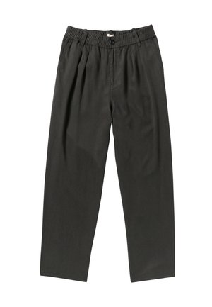 Gray, loose-fitting trousers made from soft fabric, featuring an elastic waistband, a front button closure, and wide legs.