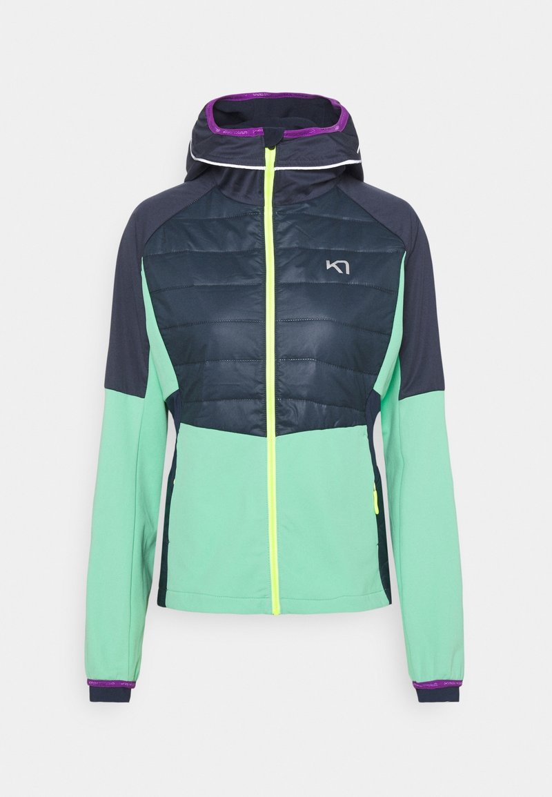 Lätt jacka med huva, i marinblått, ljusgrönt och lila färgschema. Texturerad, vadderad övre del, dragkedjestängning.