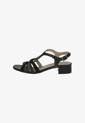 Sandalo in pelle nera con punta aperta, cinturini incrociati e fibbia regolabile alla caviglia. Presenta un tacco basso e una texture liscia.