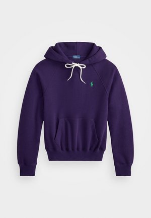 Purple hoodie with a front kangaroo pocket, white drawstring, and a green logo on the left chest. Soft fabric, ribbed cuffs, and hem.