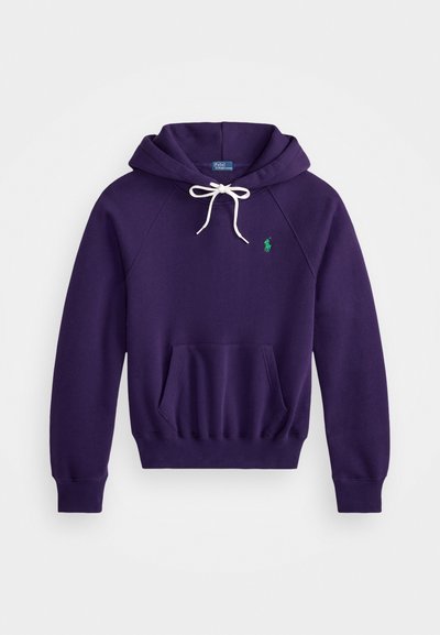 Purple hoodie with a front kangaroo pocket, white drawstring, and a green logo on the left chest. Soft fabric, ribbed cuffs, and hem.