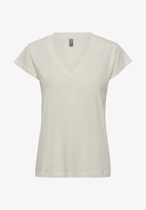 V-veida, īsām piedurknēm T-krekls gaišā bēša krāsā, ar mīkstu, nedaudz teksturētu audumu un brīvu piegriezumu, taisnu apakšmali un bez rakstiem.