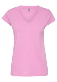 Roze V-hals T-shirt met korte mouwen. Gemaakt van lichtgewicht stof, met een zachte textuur en een ontspannen pasvorm.