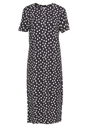Black midi dress with short sleeves and a scattered white polka dot pattern, featuring a round neckline.