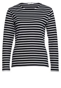 Langærmet T-shirt i sort og hvid strib. Har en rund halsudskæring og et blødt, strækbart stof med et trykt logo på ærmet.