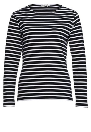 T-shirt a maniche lunghe a righe bianche e nere. Dotato di scollatura rotonda e un tessuto morbido e elasticizzato con logo stampato sul maniche.
