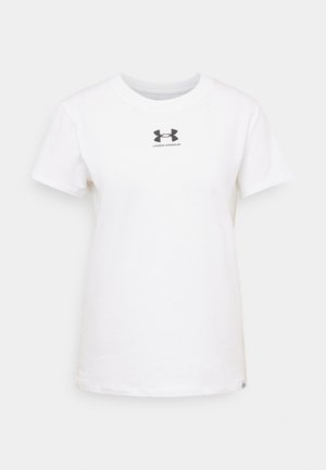 Hvit bomulls T-skjorte med korte ermer. Har en svart Under Armour-logo på brystet. Klassisk rund hals design. Glatt tekstur.