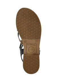 Svart sandal sula med ett honungskakemönster, med en tan gummibas och texturerat grepp. Varumärkeslogotyp och skostorlek tryckta på sulan.