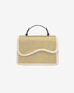 Väike ristkülikukujuline valge käekott kuldsete naeltega, kaardus klapi ja lühikese pruunist sangaga valgel taustal.
