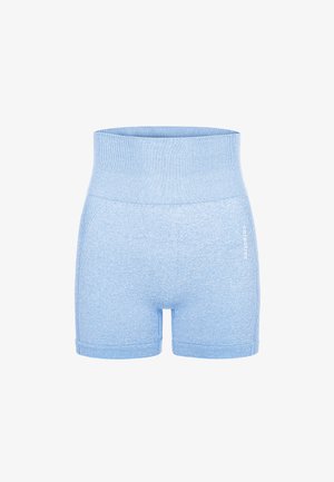 Svetlomodré, elastické športové šortky so širokým pásom, hladkým povrchom a bočnými švami. Na spodnej pravej strane sa nachádza logo.