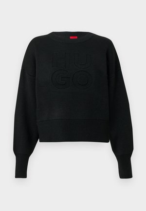 Zwarte cropped trui met een geribbelde structuur en een ronde halslijn, voorzien van een opgehoogd "HUGO"-logo op de voorkant en geribbelde manchetten.
